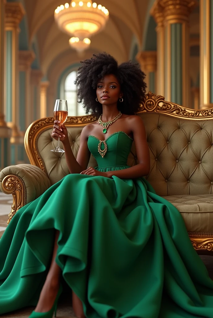 black princess with curly hair wearing a green princess dress, with a gold necklace with a green jewel and green heels at a ball alone and calm, holding a crystal glass of wine, Sitting on a fancy sofa. Everything realistically and beautifully