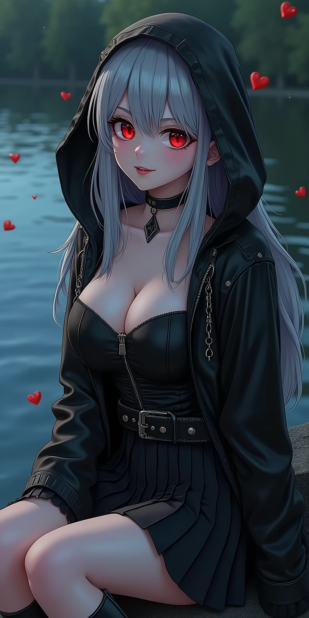 (best quality, ultra-detailed, photorealistic: 1.39), bright and vibrant colors, studio lighting, romantic expression, An effeminate girl, with a delicate and beautiful face. Beautiful and adult woman with her straight loose silver hair matches the gothic makeup, her dark red eyes and mischievous smile, with her large seductive breasts, cleavage, dark style, hood, leather jacket, pleated skirt with belt, dark makeup. She have a horny face, like a manwha character, chain details, in the park at night, Sitting by the lake, water reaches her black boots, seductive cleavage, manga style, anime features manga style, fully body , she is in love, like a manwha character style