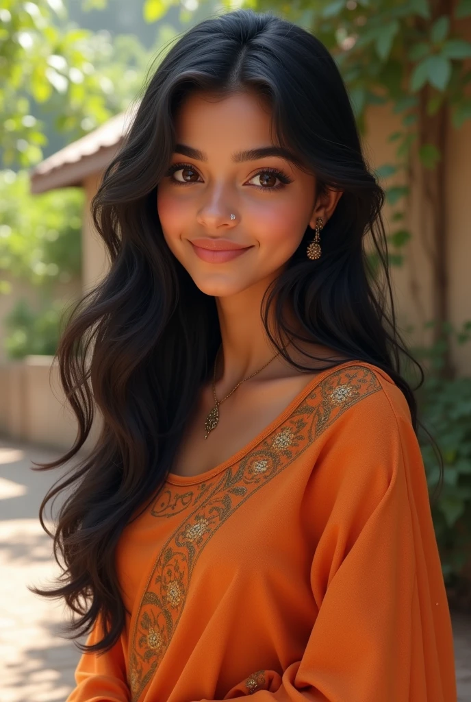 Generate a highly detailed image of an Indian girl in her early 20s with long black hair and medium skin tone. She has big expressive brown eyes, a warm smile, and a round face. The girl should have a consistent appearance across different images, maintaining the same facial features and hairstyle. The background and pose can vary, such as her standing outdoors, sitting indoors, or interacting with everyday objects. She should be dressed in modern, casual Indian attire like kurtis, sarees, or salwar kameez. The expressions can range from a simple smile to thoughtful or playful looks, but her facial structure, skin tone, and hair should remain consistent.