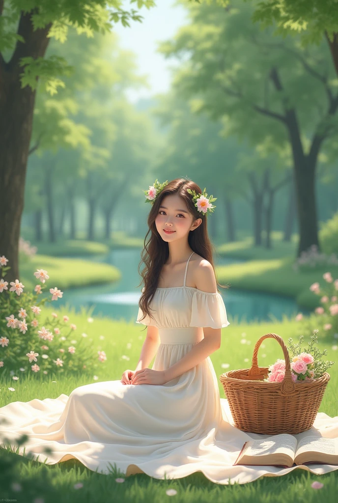 Korean girl in white dress in the park with a picnic