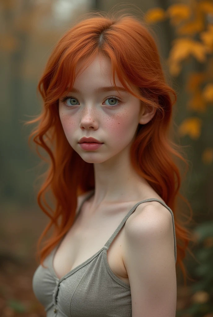 Masterpiece, a young girl, redhead, cinematic, The portrait showcases a young redhead girl with a shy and innocent demeanor, blueish eyes, sensual slim face, some freckles, big lips, small perky breasts, small ass, small slim body, she is wearing a tight mini low cut shorts and a mini tank top, navel, Her hair is styled sleek and straight, elegantly framing her face with adorable long hair .Her face is illuminated by gentle lighting, highlighting her delicate features. The girl's eyes sparkle with a hint of curiosity and her lips form a subtle, shy smile. The background consists of a ourtoor nature autum scenery muted and warm-toned setting, providing a calm and serene atmosphere. The composition focuses on the girl's face, capturing the intricate details of her flawless white skin, The overall image exudes a sense of tranquility and captures the innocence and gentleness of youth