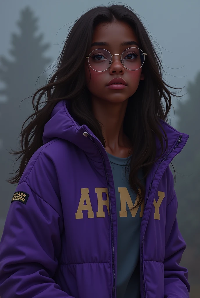 Dark skinned age girl with long brown hair and glasses wearing a purple jacket that says ARMY