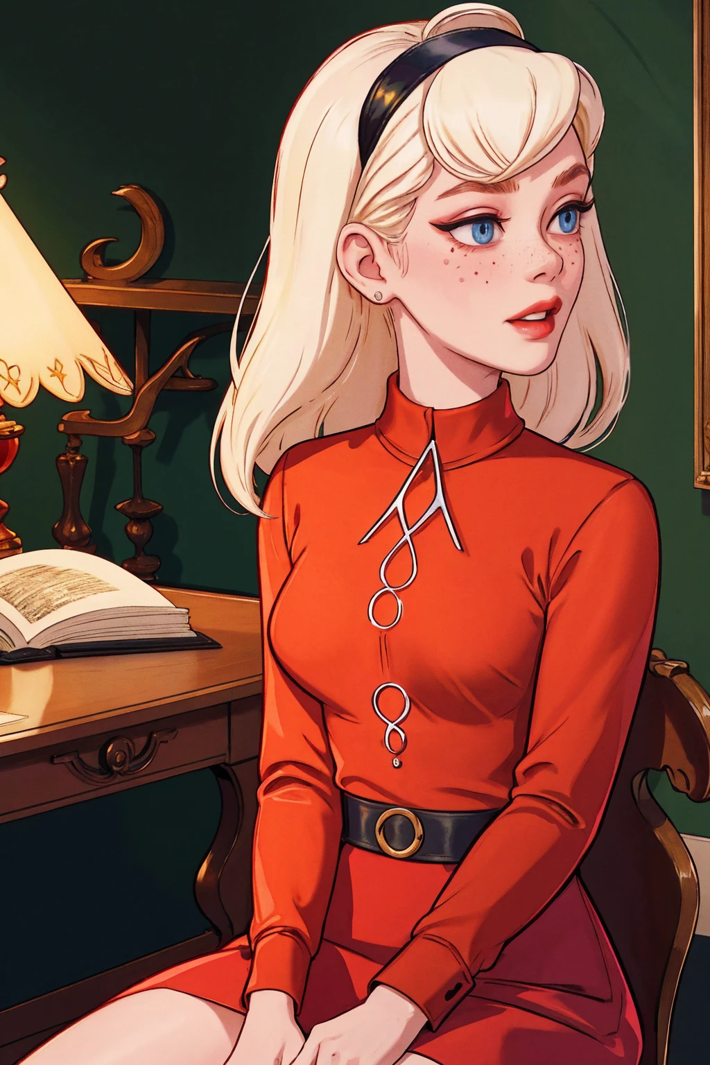 { masterpiece : best quality : high resolution : unity 8k wallpaper : illustration : beautiful detailed eyes : extremely detailed face : perfect lighting : extremely detailed CG } { in a dark creepy library } { Sabrina Spellman : : platinum blonde hair with red hairband : perfectly small shape breast : freckles : perfectly fit body :red turtleneck shirt : red skirt : studying : sitting at a study table }, looking at viwer