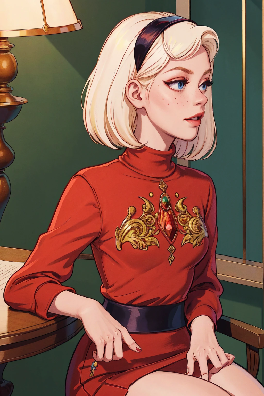 { masterpiece : best quality : high resolution : unity 8k wallpaper : illustration : beautiful detailed eyes : extremely detailed face : perfect lighting : extremely detailed CG } { in a dark creepy library } { Sabrina Spellman : : platinum blonde hair with red hairband : perfectly small shape breast : freckles : perfectly fit body :red turtleneck shirt : red skirt : studying : sitting at a study table }, looking at viwer