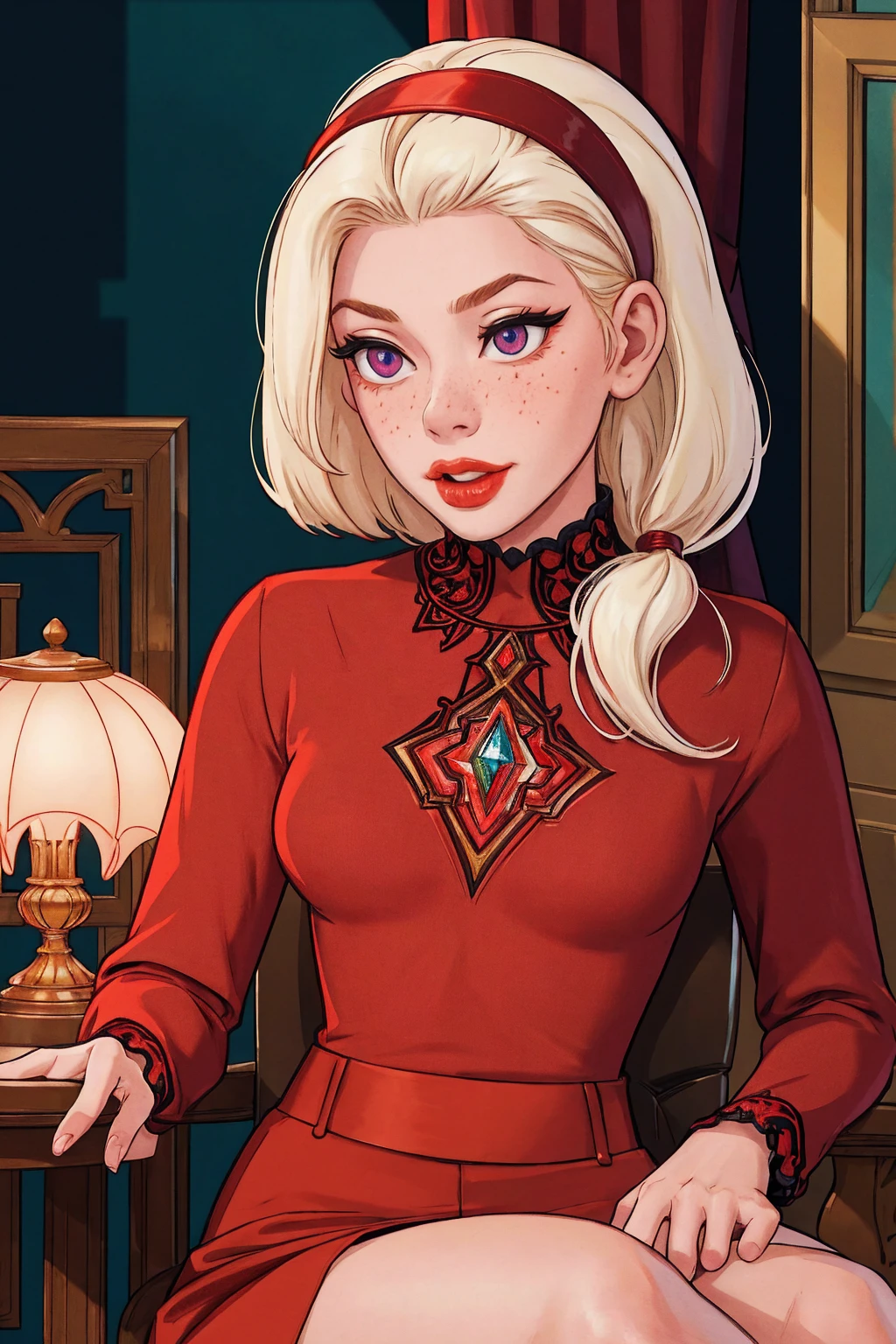 { masterpiece : best quality : high resolution : unity 8k wallpaper : illustration : beautiful detailed eyes : extremely detailed face : perfect lighting : extremely detailed CG } { in a dark creepy library } { Sabrina Spellman : : platinum blonde hair with red hairband : perfectly small shape breast : freckles : perfectly fit body :red turtleneck shirt : red skirt : studying : sitting at a study table }, looking at viwer