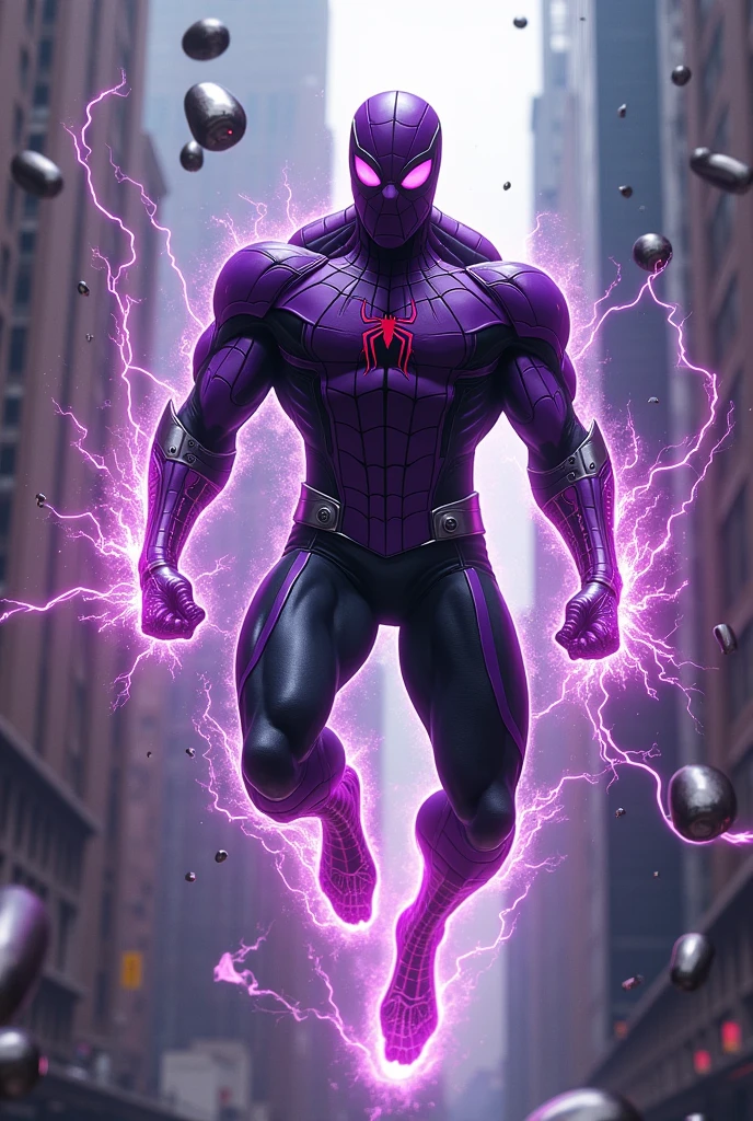 magneto merged with spiderman, purple magneto helmet, levitating mid air, bending metalic things, magnetic powers, lightening, black and purple suit, strong magnetic field, metalic objects floating around