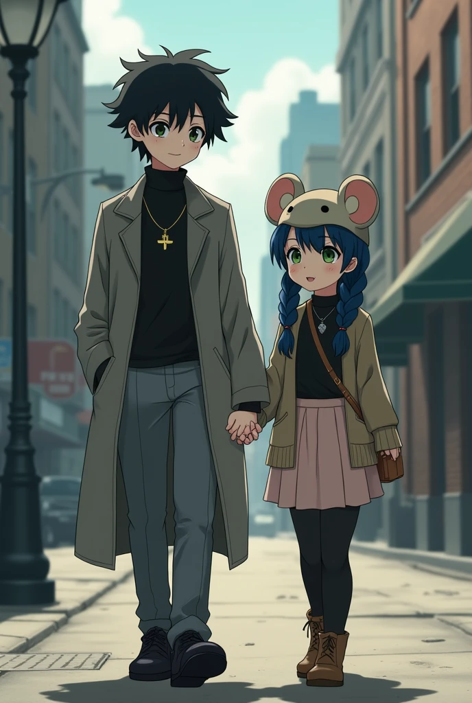 Tall ager with fluffy black hair,Pale skin,green eyes, He has dark circles, Her hair covers one of her eyes and also her ears., He wears a black turtleneck sweater, light grey coat, dark grey pants and black shoes,wear a gold pendant, He is holding hands with a teengirl with navy blue hair that is braided into a single braid,green eyes con pecas en el rostro, Pale skin, pink lips, of average height, wears a black long-sleeved v-neck shirt, pale pink somewhat short skirt, black stockings, brown high boots, a light brown cardigan sweater, a mouse mask that covers half of his face, a silver-colored pendant and a light brown crossbody bag, The girl smiles warmly while the boy has a slight smile, They are set in a North American city during the 1900s., anime style 