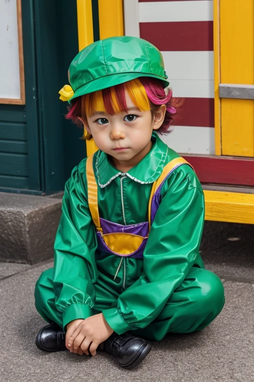 Kindergarten for three clown Rubber suit hair color: green Circus hut Japanese 赤とgreenのスーツ Two-pronged hat