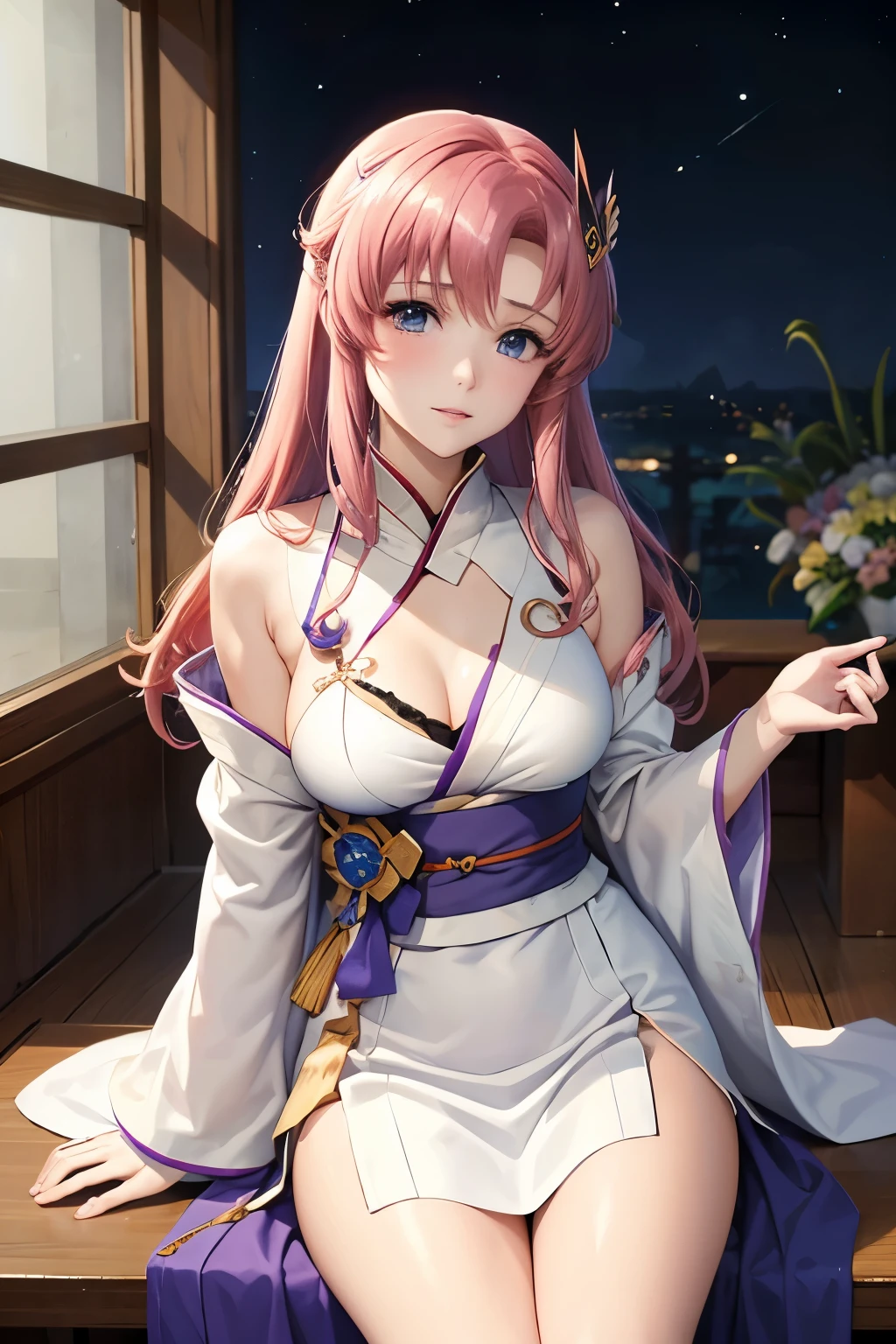 （（（Highest quality、first class、masterpiece、Normal body、8k、Detailed face、Ultra-precision、normal hand、Normal refer to、５refer to、Highest）））、Lacus Clyne、"Gundam SEED"、Purple kimono、White haori、kimono skirt、universe船、universeBattleship、Battleship、captain、captain席、sit down、Give instructions with one hand stretched out straight in front of you、Battleship内、Command Room、universe、