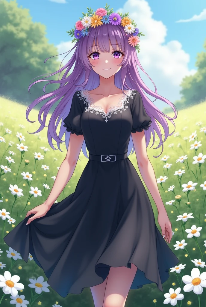 a girl with purple hair, A crown of flowers, dark purple slanted eyes, black victorian style dress, smiling in a field of white flowers, anime style