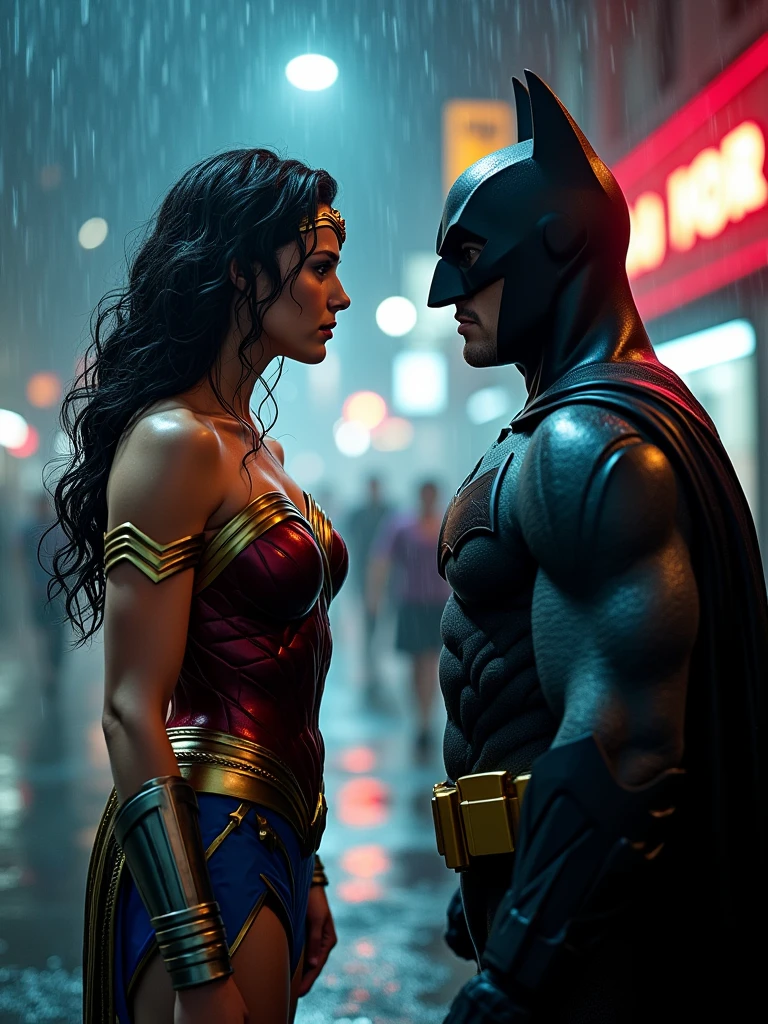 a cinematic full body shot of Wonder woman in a red and blue superhero suit, a Batman in a dark superhero suit, an epic fight in a rainy Gotham City at night, raindrops and puddles, high-detailed hero outfits, wet hair and skin, 4k, cinematic scene, 16:9 aspect ratio, hyper-realistic, masterpiece, cinematic lighting, dramatic action, dramatic pose, dramatic expression, dramatic weather, dramatic environment, dramatic storytelling, dramatic effects, neon city lights, heavy rain, dark and moody color palette, volumetric lighting, intricate details, photorealistic, impactful visual storytelling