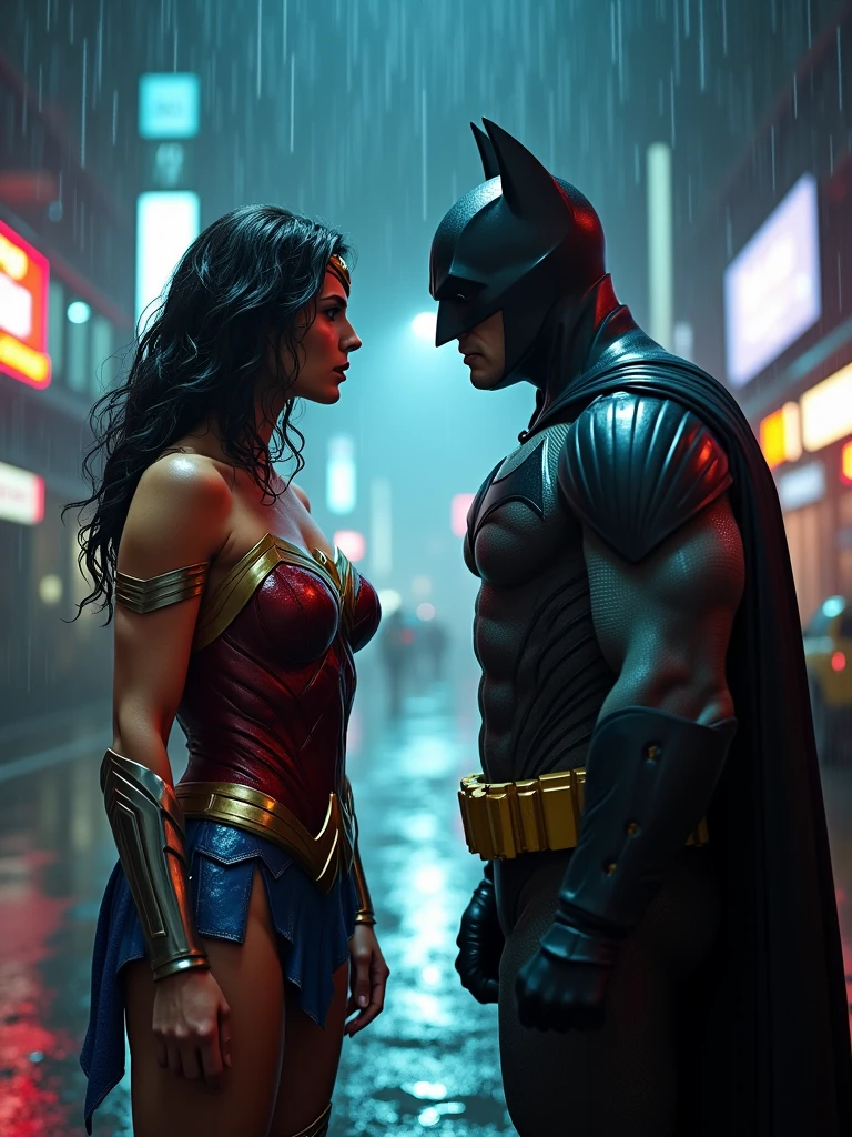 a cinematic full body shot of Wonder woman in a red and blue superhero suit, a Batman in a dark superhero suit, an epic fight in a rainy Gotham City at night, raindrops and puddles, high-detailed hero outfits, wet hair and skin, 4k, cinematic scene, 16:9 aspect ratio, hyper-realistic, masterpiece, cinematic lighting, dramatic action, dramatic pose, dramatic expression, dramatic weather, dramatic environment, dramatic storytelling, dramatic effects, neon city lights, heavy rain, dark and moody color palette, volumetric lighting, intricate details, photorealistic, impactful visual storytelling