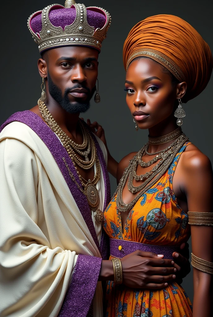 African man dressed in a white tunic and purple sparkles with African necklaces and a purple crown with silver bracelets accompanied by an African woman in a colorful dress and an amber turban with copper necklaces and bracelets