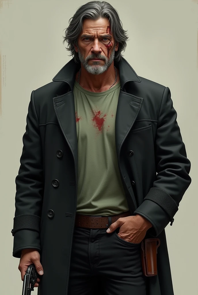 His name is Tom, he has a 1,81 a scar From the chest to the shoulder on the left side, and three shots in the back near the spine, he wears a black overcoat down to his knees, and a light green woolen t-shirt under the overcoat, and black pants, her hair is shoulder length and black with some gray strands, his eyes are black and he has deep circles under his eyes,
He is 82 kilos and 4., always carries a Colt revolver, with the brown holster on the right hip, He smokes a lot but has a fit body and does what needs to be done to protect those he loves..