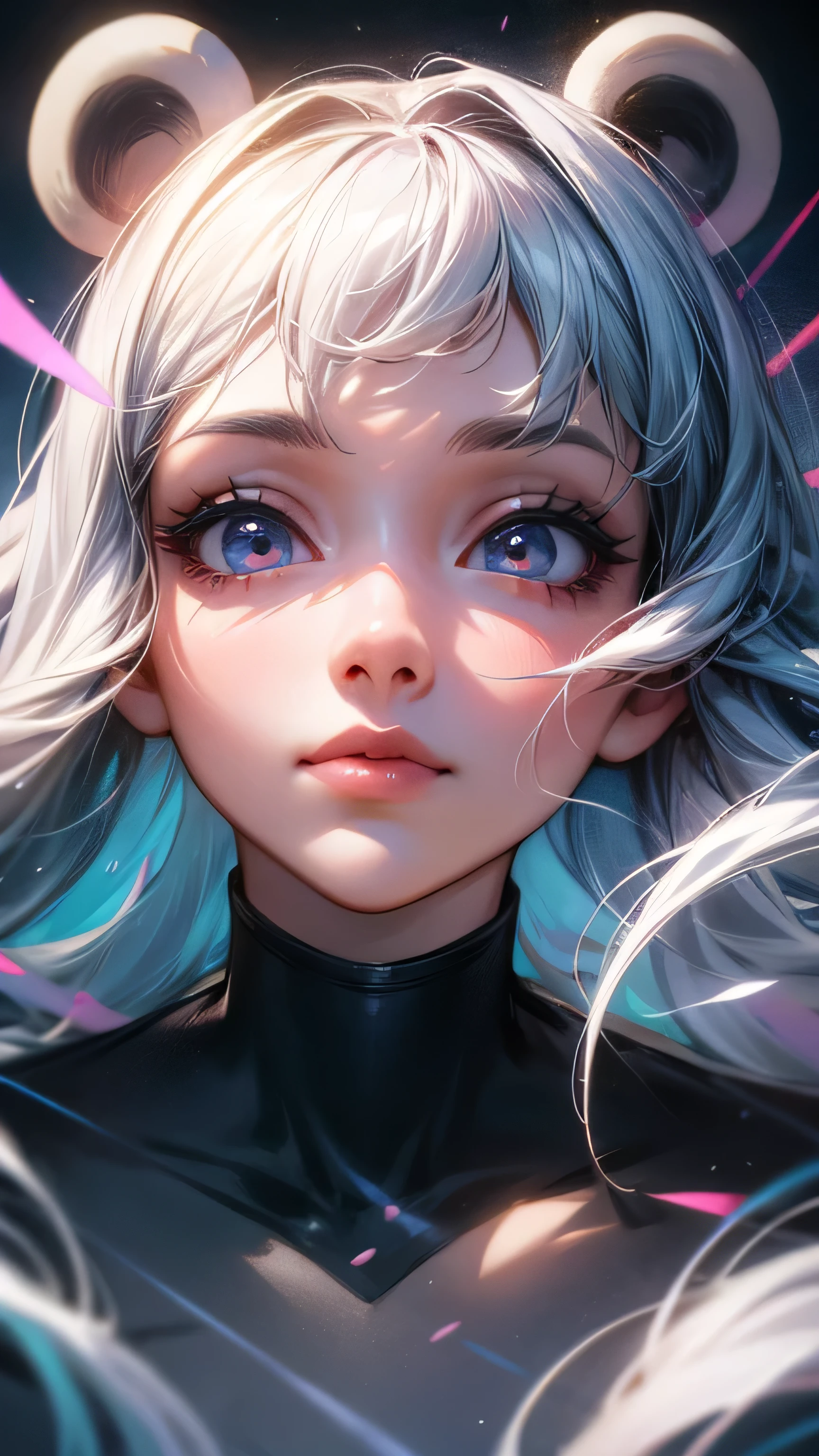 masterpiece, cinematic stills, 1girl, floating in the sky, clouds, bright, happy, fun, soft lighting, Bauhaus, shape, line, abstract, panda ears, beautiful detailed eyes, beautiful detailed lips, extremely detailed eyes and face, long eyelashes, oil painting, dynamic composition, vivid colors, 8k, HDR, professional