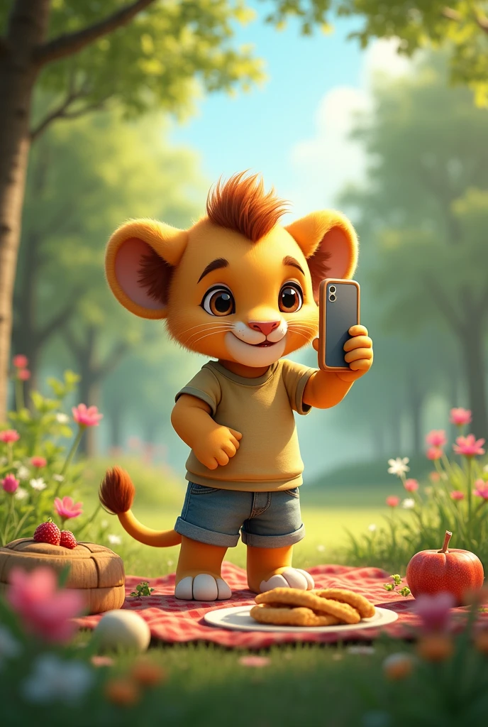 Wearing short sleeves,Lion cub picnicking in the park,Little lion taking selfie with mobile phone