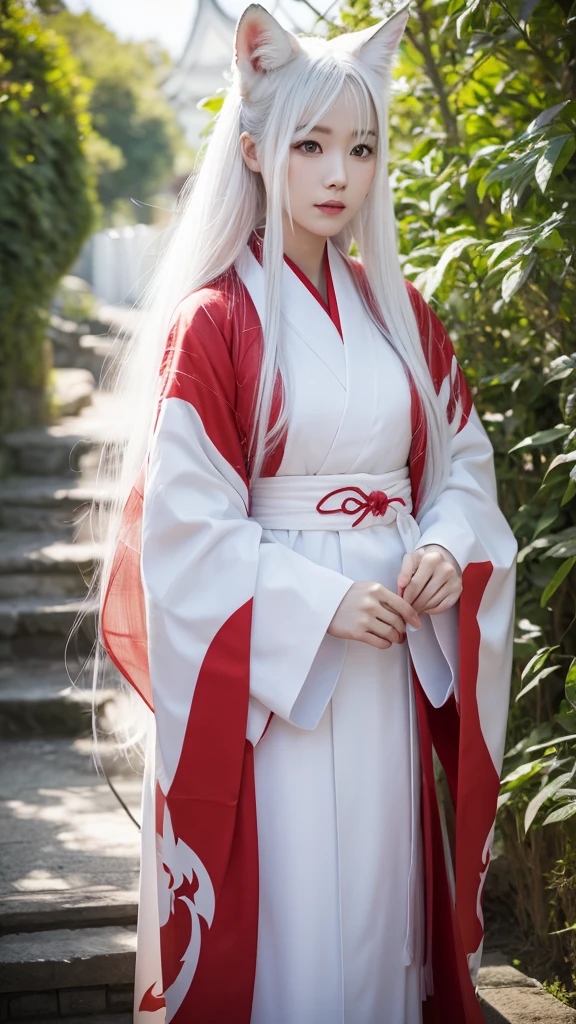 White Demon Fox、Nine-tailed Fox、Japanese women、kimono、Fair skin、Red lines on face、8K、I have long hair