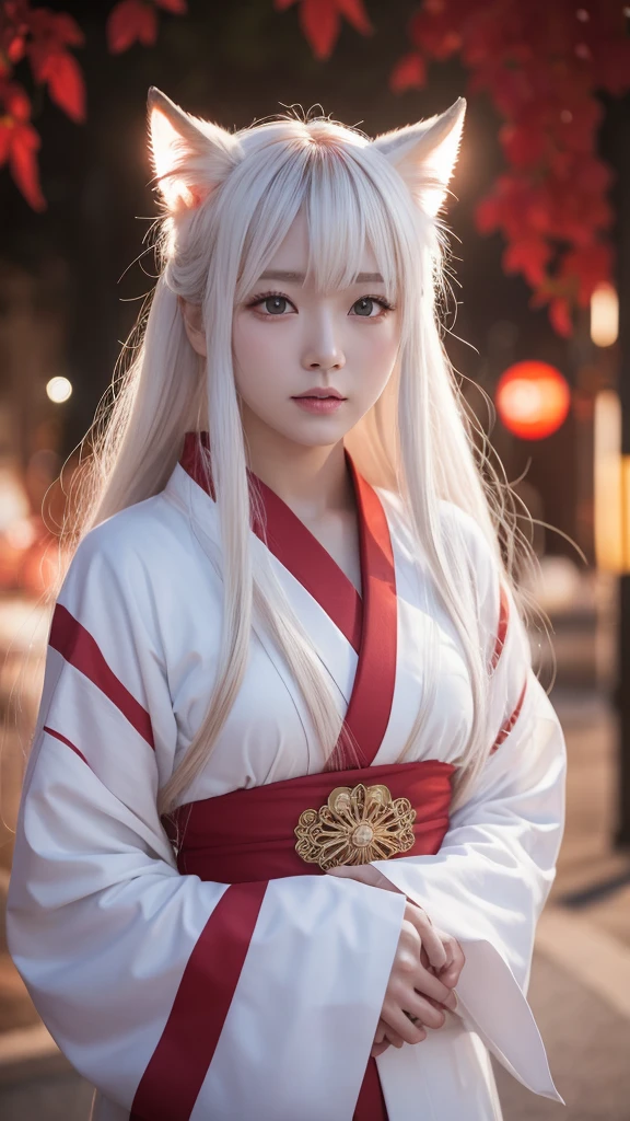 White Demon Fox、Nine-tailed Fox、Japanese women、kimono、Fair skin、Red lines on face、8K、I have long hair
