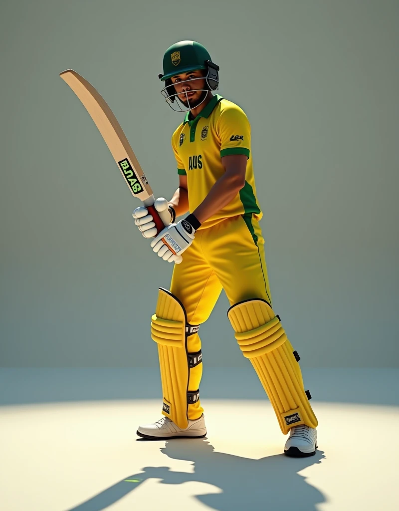 Give me a yellow jersey with AUS written on it. Wearing white sneakers. Cricket player leaning sideways with a cricket bat in both hands in standby position.，顶光drop shadow, anaglyph, stereogram, tachi-e, ass pov, atmospheric perspective, 8k, super detail, best quality waiting to start