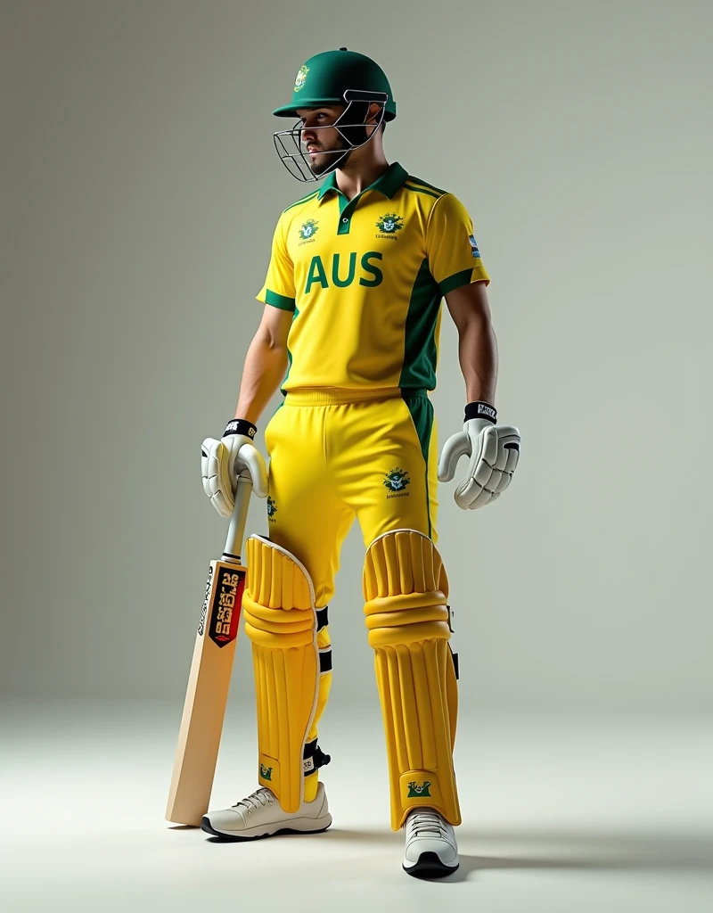 Give me a yellow jersey with AUS written on it. Wearing white sneakers. Cricket player leaning sideways with a cricket bat in both hands in standby position.,顶光drop shadow, anaglyph, stereogram, tachi-e, ass pov, atmospheric perspective, 8k, super detail, best quality waiting to start