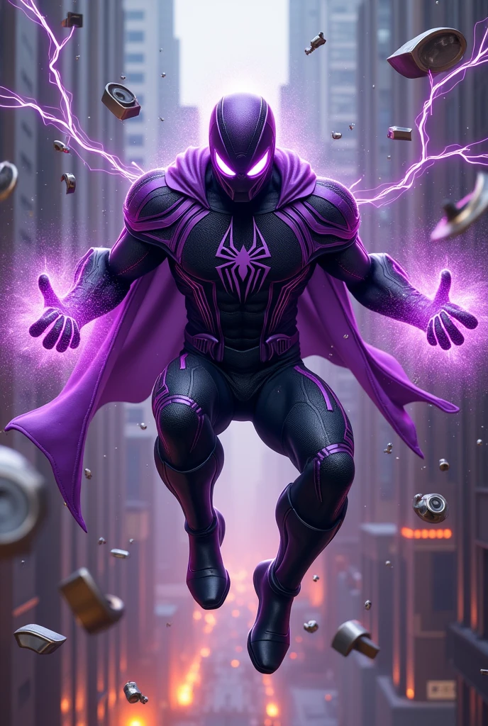 magneto merged with spiderman, purple magneto helmet, levitating mid air, bending metalic things, magnetic powers, lightening, black and purple suit, strong magnetic field, metalic objects floating around