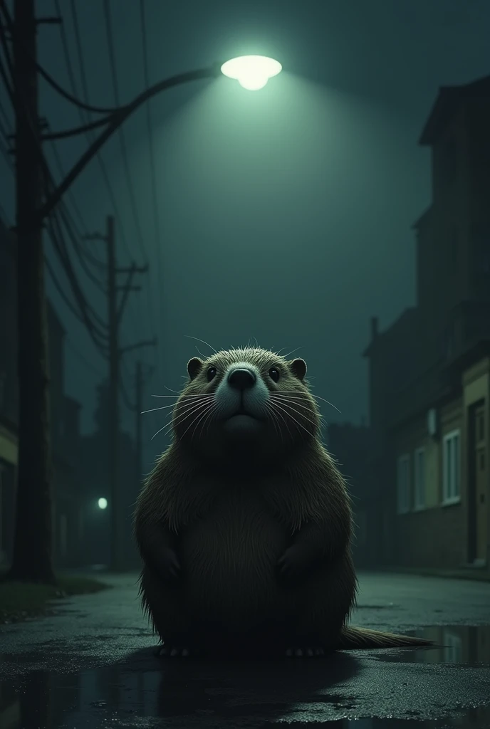 A sad and desolate beaver under a streetlight in the dark with realistic wet fur looking kind of far away and depressed