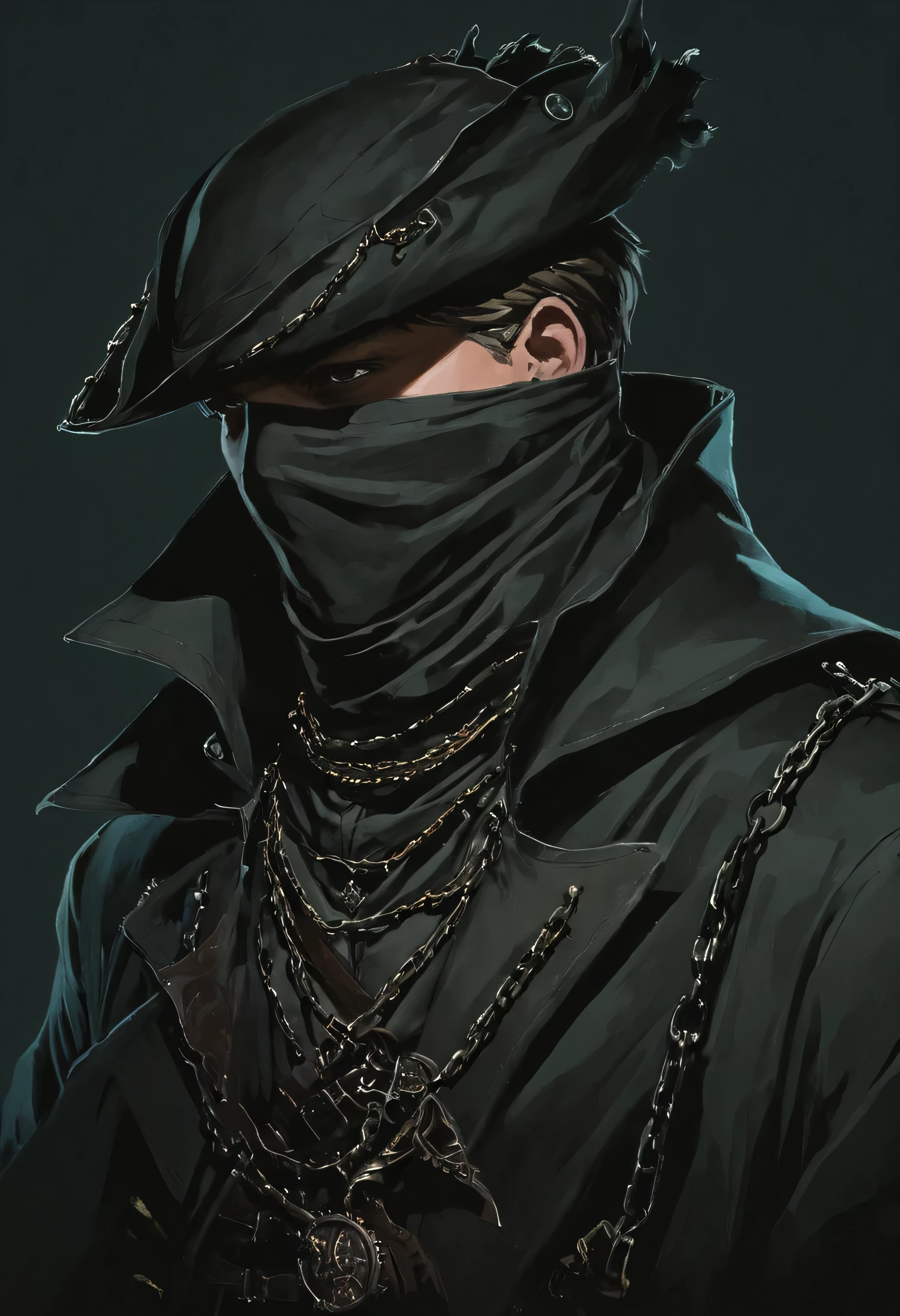 Flat 2D Art, bbhunter, solo, looking at viewer, 1boy, hat, upper body, male focus, mask, chain, cloak, tricorne, hunter (bloodborne), simple flat color, 2-dimensional, Flat 2D Art Style, bbhunter, solo, looking at viewer, 1boy, hat, upper body, male focus, mask, chain, cloak, tricorne, hunter (bloodborne), magical, detailed, symmetry, great composition, cinematic, dramatic ambient, deep aesthetic, highly decorated, intricate, elegant, complex, colorful, surreal colors, inspired, new, color, light, winning