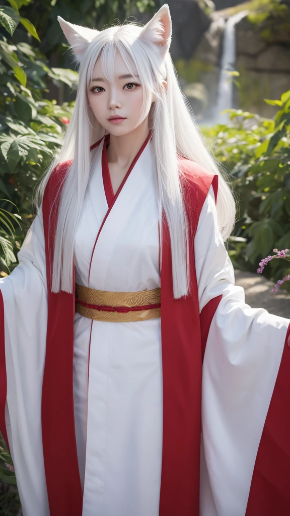 White Demon Fox、Nine-tailed Fox、Japanese women、kimono、Fair skin、Red lines on face、8K、I have long hair