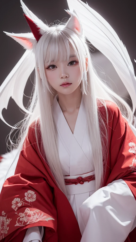 White Demon Fox、Nine-tailed Fox、Japanese women、kimono、Fair skin、Red lines on face、8K、I have long hair