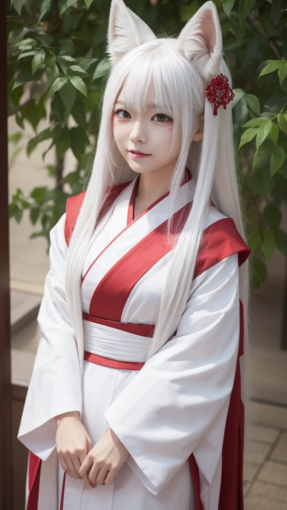 White Demon Fox、Nine-tailed Fox、Japanese women、kimono、Fair skin、Red lines on face、8K、I have long hair