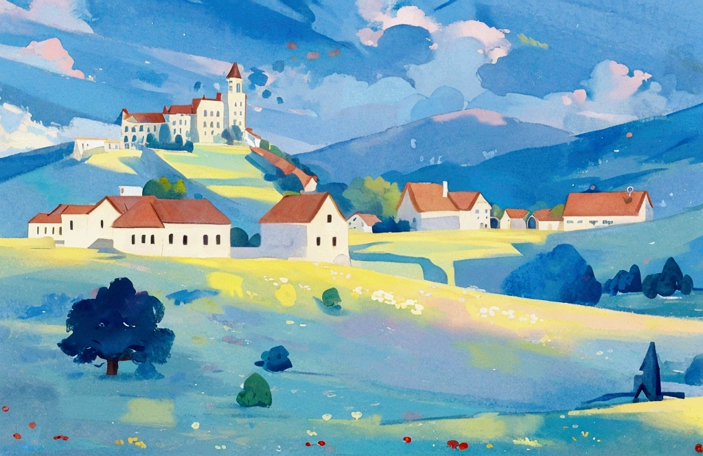 watercolor, children's storybook illustration, a castle surrounded by a village, houses, cottages, buildings, towers, clouds, colorful, vibrant warm colors, bright, ((masterpiece)), ((best quality)), 8k, intricate detail, high resolution, highly detailed environment, perfect architecture. image size 3000px height and 6000px width