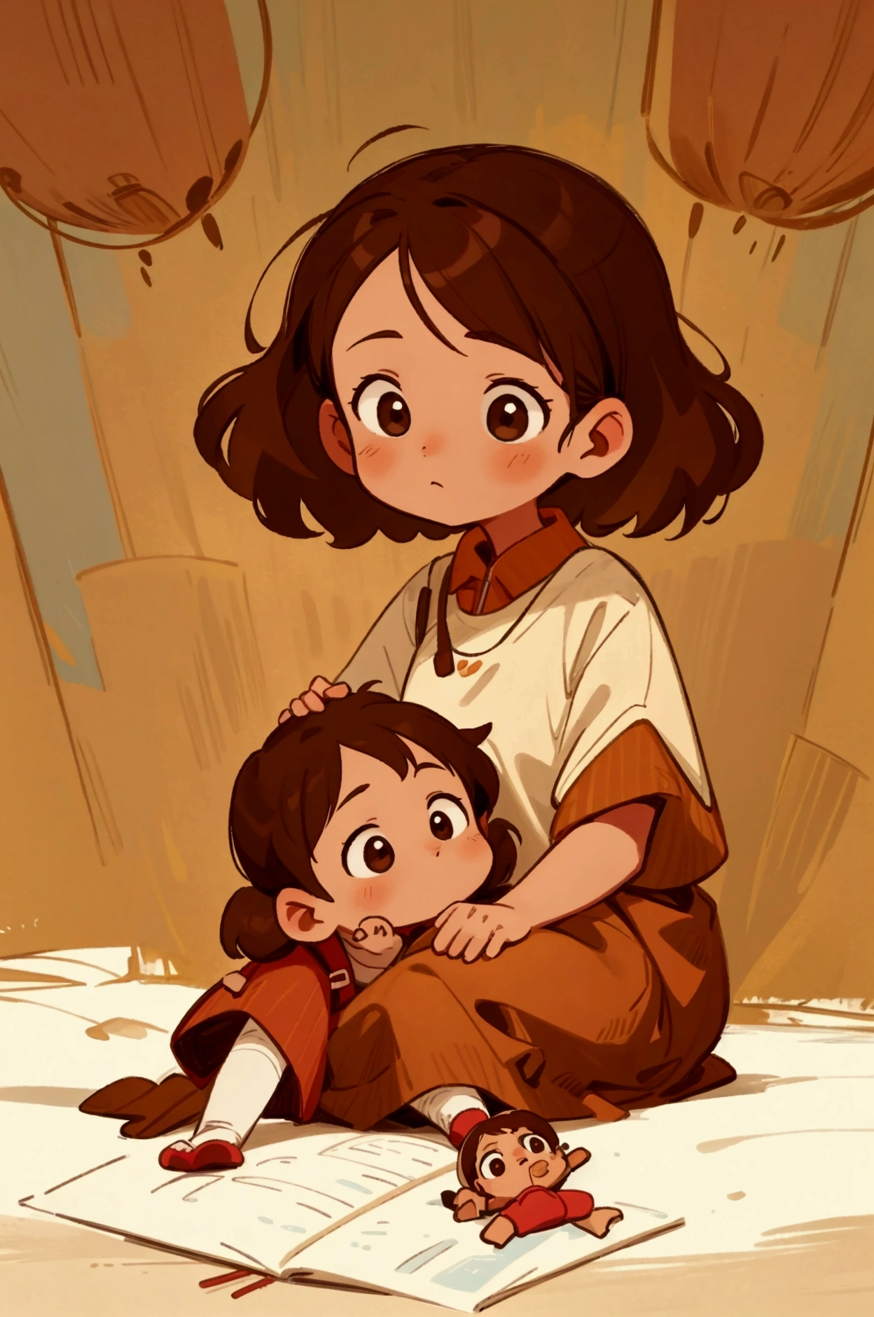 Create an illustration for a book where there is a brown-haired mother looking at a brown-haired , digitl art