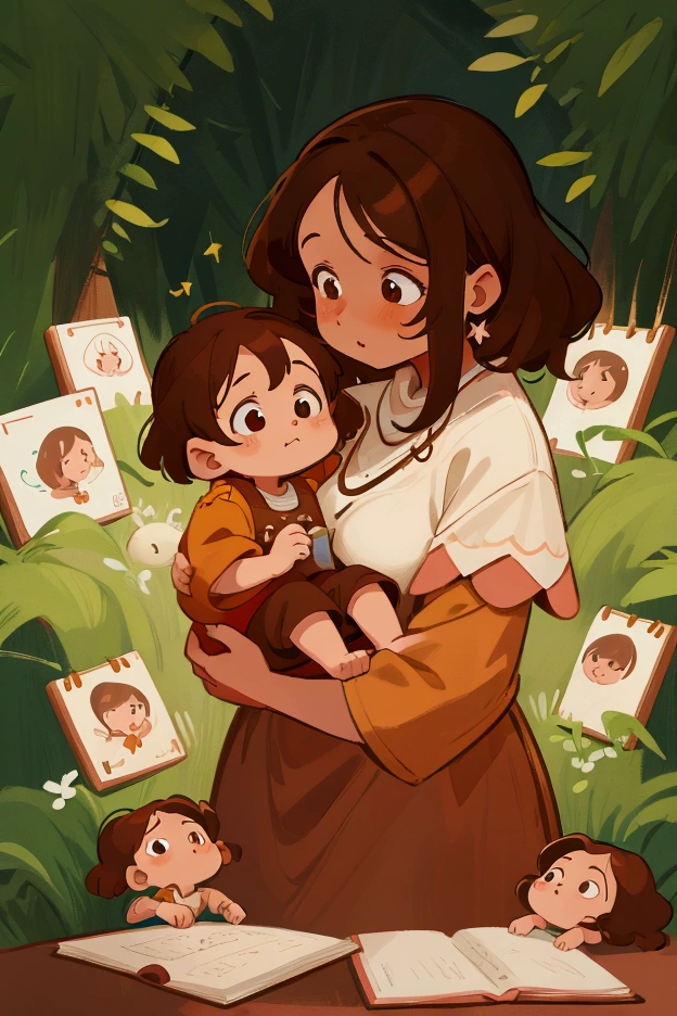 Create an illustration for a book where there is a brown-haired mother looking at a brown-haired baby, digitl art