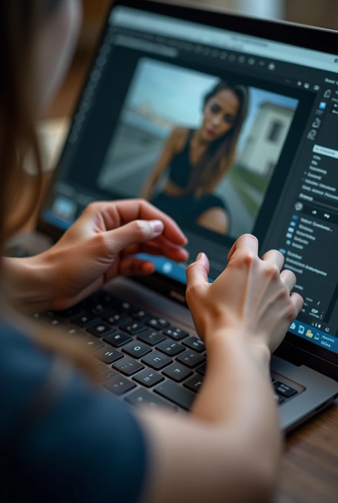  A medium close-up shot of the editor’s hands using the Photoshop tools to enhance the photo. The shot focuses on the precise adjustments being made, showing the care and attention to detail in the editing process.