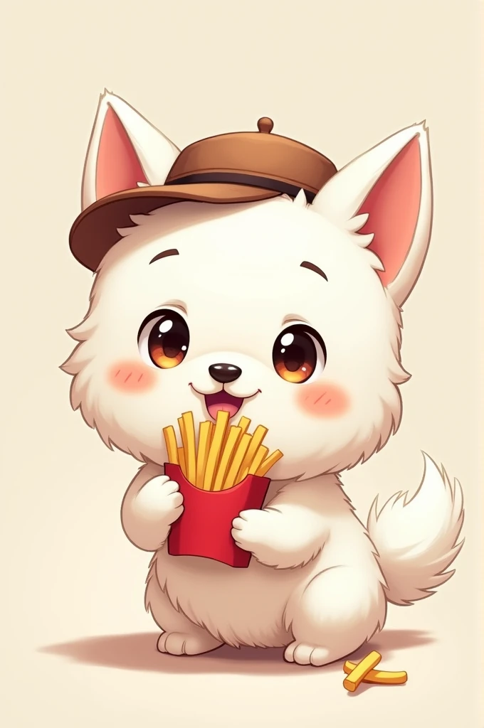 White anime dog with hat eating fries