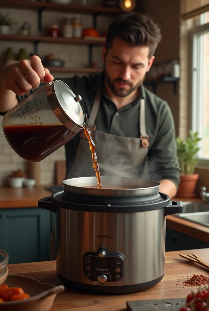 Image where someone is pouring beef broth into a pressure cooker
