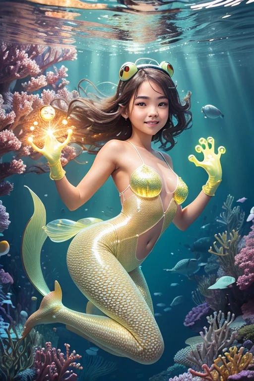 A sexy young 13-yr old Asian  charming girl Full body detailed anatomy, perfect face details,((brown skin tone texture)) ( tomboyish hair cut styles), (( wearing illuminating a frog suit head band))(( wearing transparent  illuminating frog suit costume sexy full body detailed anatomy )), wearing illuminating  transparent two piece frog suit details on skin, wearing slimy frog suit like skin texture body, lifting up plump pussy , wavy short illuminating gold, pink, yellow & green gemstone hairstyles from the flow water, ((having frog suit instead of feet))( frog  ears))(frog suit skin arms, torso, bottom, face, neck, shoulder & legs))((showing face near camera)) (accurate details of hands & fingers)) Exposed hard big errect nipples, open legs squat position, exposed pussy line, exposed panties, exposed pussyline, smiling with teeth exposed. Sparkling gray eyes, charms, face details & fucos skin tone texture, swimming under the  atmosphere ocean wave creating air bubles with captivating different lighting effects around the background, showing corals, urchins, fish, turtle, whale, bubbles of air for accurate background masterpiece ((with illuminating transparent crystal gemstone frog suit like scales skin textured all over her body)) ((with gills))((holding illuminating a treasure trident)) full details of accessories and props))swimming with ocean current waves under the sea,( many different perspective view character profile, front view, side view, rear view, of same face & clothing girls posing deferent angle))(( perfect details of mermaid body and tail fin anantomy))

