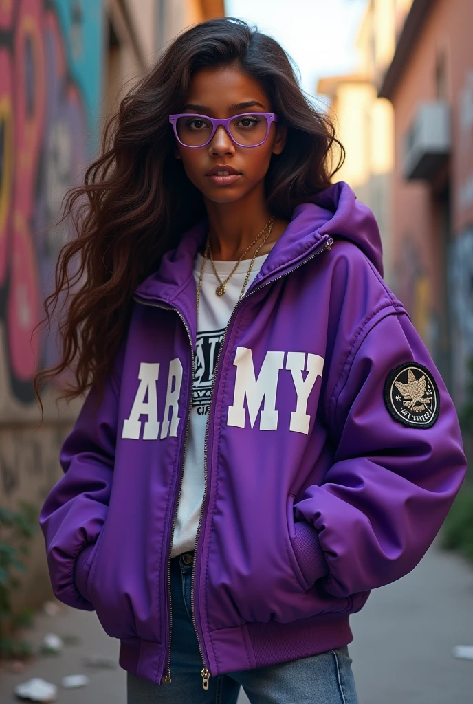 Dark skinned teenager with long brown hair and glasses wearing a purple jacket that says ARMY