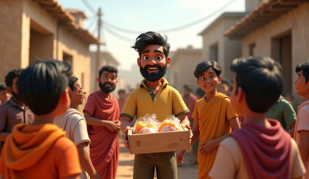 In 3D animation style:**Ramesh distributing food and necessities to the needy villagers**, with grateful villagers surrounding him, their faces filled with relief.