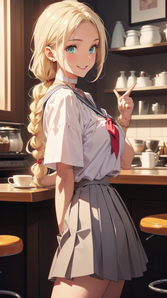 (modern cafe:1.4),
BREAK
nsfw:1.6, body has two arms, two legs and one head, (Each hand and toe has five a thumb, index finger, middle finger, ring finger, and pinky finger.),Top quality:1.2, best quality:1.6, ultra high resolution, masterpiece:1.5 ,4K, 8K, 32K, detailed lighting, shaders, perfect anatomy, perfect proportions, highly detailed, ultra detailed, super detailed:1.2, perfect eyes, perfect face, very delicate and beautiful, illustration, sharp focus, very beautiful and detailed anime face, very detailed eyes, cute:1.4, impressionistic:1.2, blurred background, accurate depiction of arms and hands:1.4, accurate depiction of foot:1.4, Accurate human skeleton drawing:1.4, Anatomically correct human body:1.4,sexually attractive body:1.5,
BREAK
(Beautiful American woman about 20s:1.3),(blue-green eyes),(dark skin:1.3), (tan lines:0.5),(Perfect proportions: 1.6),(full and beautiful breasts), (well developed breasts:), (Thin waist: 1.2), (Slender figure: 1.2), (beautiful buttocks),(natural breast:0.7),
BREAK
(Beautiful blonde hair: 1.6),(single braid :1.6),(Bangs swept to the side, showing forehead: 1.5),
BREAK
(Calm smile:1.5),(happy eyebrows:0.4),(embarrassed:0.5), (pink lipstick),
BREAK
(White choker:1.6) ,(necklace, bracelet, anklet: 1.3),( very realistic depiction of skin texture:0.8),
BREAK
( Sitting stool:1.3), (bust up shot),(having coffee),(from side:1.2),
BREAK
(Gray short-sleeved sailor suit1.7),(gray pleated middle length skirt:1.5), (loafers:1.1),