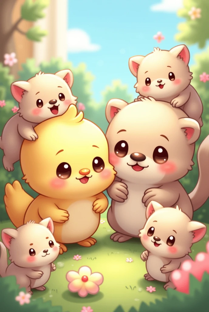 A chick and an otter surrounded by 5 kittens, drawn kawaii