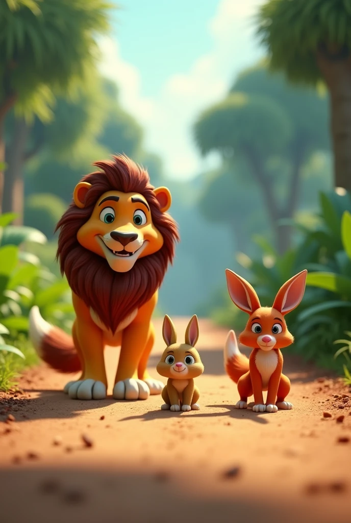 In 3d animation style’ 2. The Race Begins: The lion, fox, and rabbit are lined up at the starting point of a dirt path in the jungle. The lion stands tall with confidence, while the fox looks at the rabbit with a secretive smile. The rabbit, small but determined, is ready to sprint.