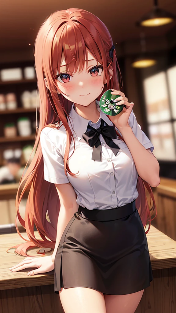 Redhead, working uniform, office background, anime background, extremely detailed hands, light brown eyes, slim, good attributes, long hair, heart ribbon on head, black skirt, ((white shirt)), faint blush, holding folders, exposed thighs, faint smile, sitting on table, (((Starbucks coffee))), (((drinking coffee)))