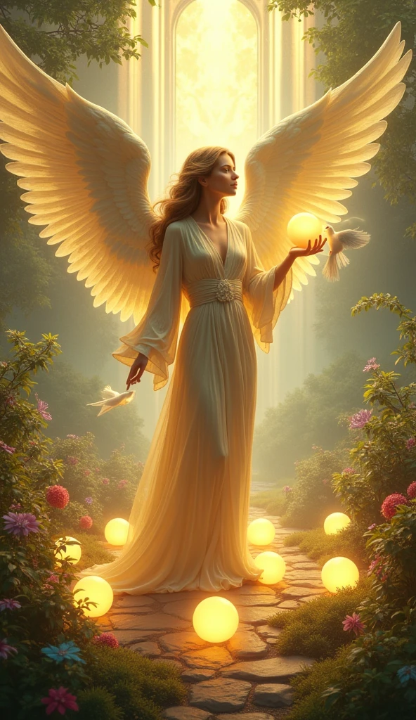 Create a refined and spiritually resonant image for the 'Nine of Spheres' card in the 'Lumen Angelis' tarot deck, inspired by the 'Nine of Pentacles' from the Rider-Waite tarot.
In the foreground, depict a serene and elegant angelic figure standing in a celestial garden of abundance. The angel is clothed in flowing, golden robes that shimmer with divine light, symbolizing grace and fulfillment. Their wings are wide and majestic, casting a soft, protective glow over the scene. The angel holds a radiant sphere in their right hand, signifying completion, wealth, and spiritual attainment.
Surrounding the angel are eight other luminous spheres, arranged in a harmonious pattern among the lush, otherworldly flora. These spheres are embedded within the ethereal plants and trees, each sphere glowing with its own unique light, symbolizing prosperity and spiritual richness. The garden itself is vibrant, with celestial flowers and fruits that seem to pulsate with life and energy, suggesting an environment of plenty and divine blessings.
In the background, the outlines of a grand celestial palace can be seen, bathed in soft golden light, representing the angel's connection to higher realms and their achievements. A delicate, white bird with an ethereal glow, possibly a dove or a small phoenix, perches on the angel's hand, symbolizing peace, wisdom, and the joys of spiritual fulfillment.
The overall color palette should be rich with golds, lush greens, and hints of purple and blue, creating a scene of divine abundance and serene contentment. The image should convey themes of self-sufficiency, spiritual abundance, and the rewards of inner growth.