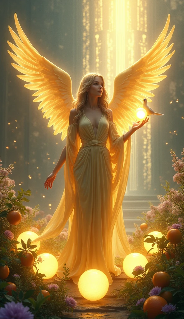 Create a refined and spiritually resonant image for the 'Nine of Spheres' card in the 'Lumen Angelis' tarot deck, inspired by the 'Nine of Pentacles' from the Rider-Waite tarot.
In the foreground, depict a serene and elegant angelic figure standing in a celestial garden of abundance. The angel is clothed in flowing, golden robes that shimmer with divine light, symbolizing grace and fulfillment. Their wings are wide and majestic, casting a soft, protective glow over the scene. The angel holds a radiant sphere in their right hand, signifying completion, wealth, and spiritual attainment.
Surrounding the angel are eight other luminous spheres, arranged in a harmonious pattern among the lush, otherworldly flora. These spheres are embedded within the ethereal plants and trees, each sphere glowing with its own unique light, symbolizing prosperity and spiritual richness. The garden itself is vibrant, with celestial flowers and fruits that seem to pulsate with life and energy, suggesting an environment of plenty and divine blessings.
In the background, the outlines of a grand celestial palace can be seen, bathed in soft golden light, representing the angel's connection to higher realms and their achievements. A delicate, white bird with an ethereal glow, possibly a dove or a small phoenix, perches on the angel's hand, symbolizing peace, wisdom, and the joys of spiritual fulfillment.
The overall color palette should be rich with golds, lush greens, and hints of purple and blue, creating a scene of divine abundance and serene contentment. The image should convey themes of self-sufficiency, spiritual abundance, and the rewards of inner growth.