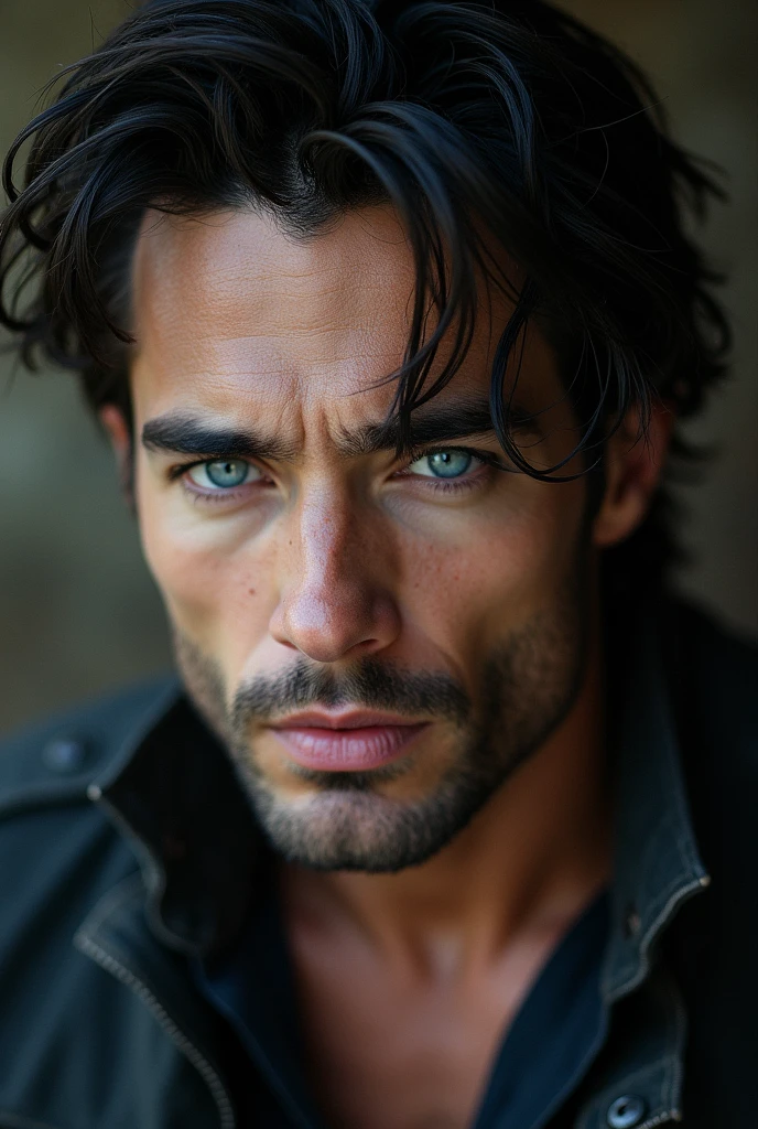 A slightly muscular man with dark hair, skin very white, BIG BLUE eyes, thick lips, no facial hair, with big eyelashes, thin and profiled nose, with a hunter&#39;s gaze, posing for a casual photo 
