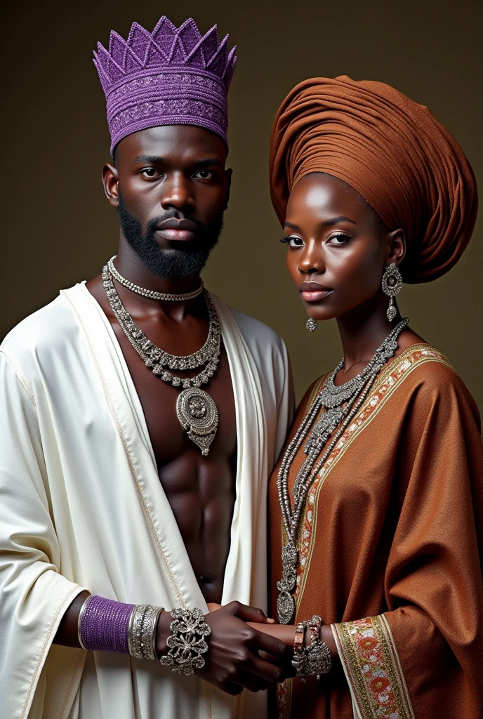 
African man dressed in a white tunic and purple sparkles with African necklaces and a purple crown with silver bracelets accompanied by an African woman in a brown dress with colors and an amber turban with copper necklaces and bracelets 