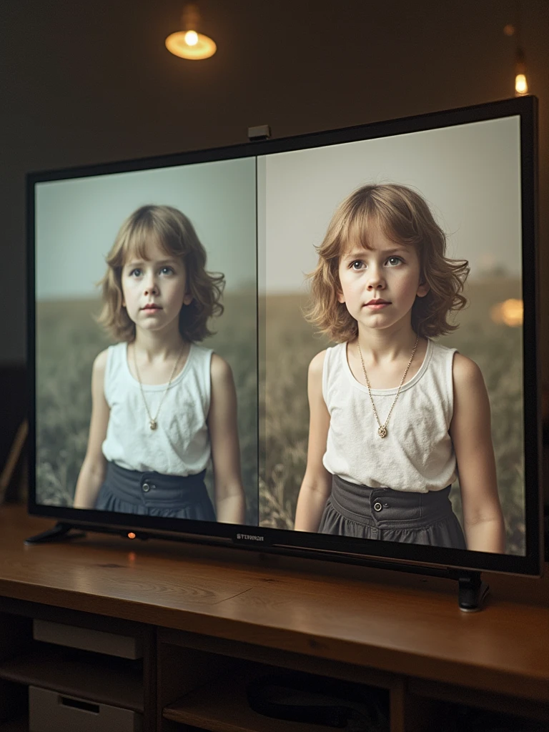 A split screen shot showing the image before and after the editing process. The camera captures the entire screen with a clear view of the improvements, highlighting the restored and enhanced photo. The shot should convey the transformation and the care taken in preserving the memory.