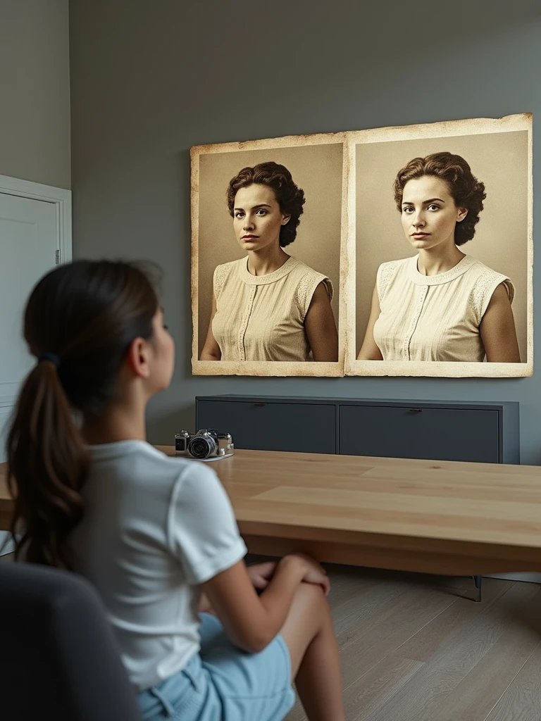 A split screen shot showing the image before and after the editing process. The camera captures the entire screen with a clear view of the improvements, highlighting the restored and enhanced photo. The shot should convey the transformation and the care taken in preserving the memory.