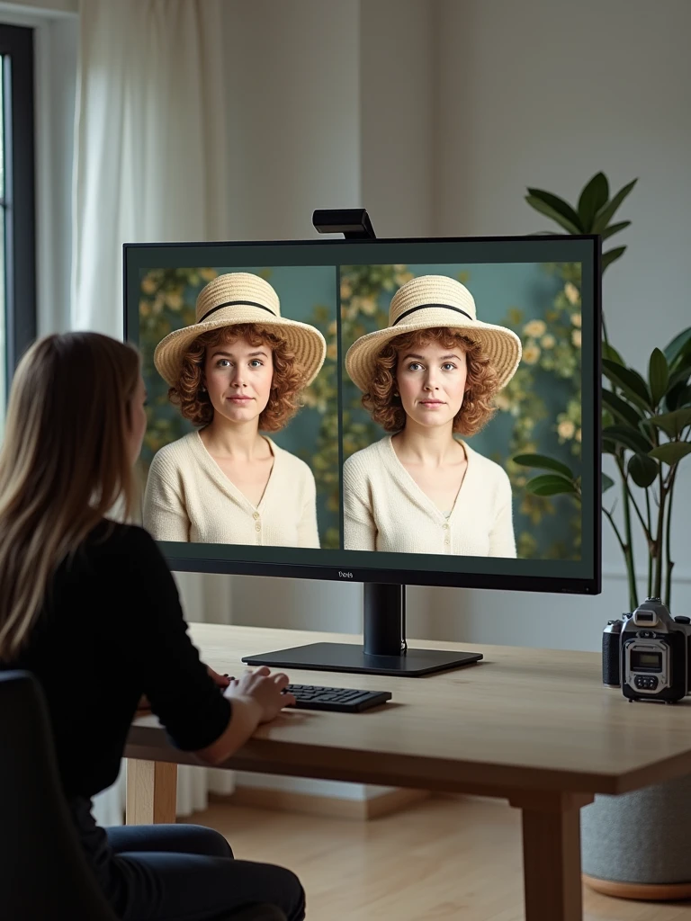 A split screen shot showing the image before and after the editing process. The camera captures the entire screen with a clear view of the improvements, highlighting the restored and enhanced photo. The shot should convey the transformation and the care taken in preserving the memory.